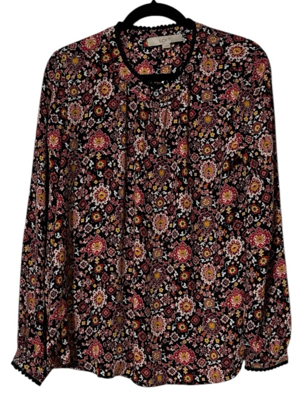 LOFT Black Floral Pleated Neck Long-Sleeve Blouse